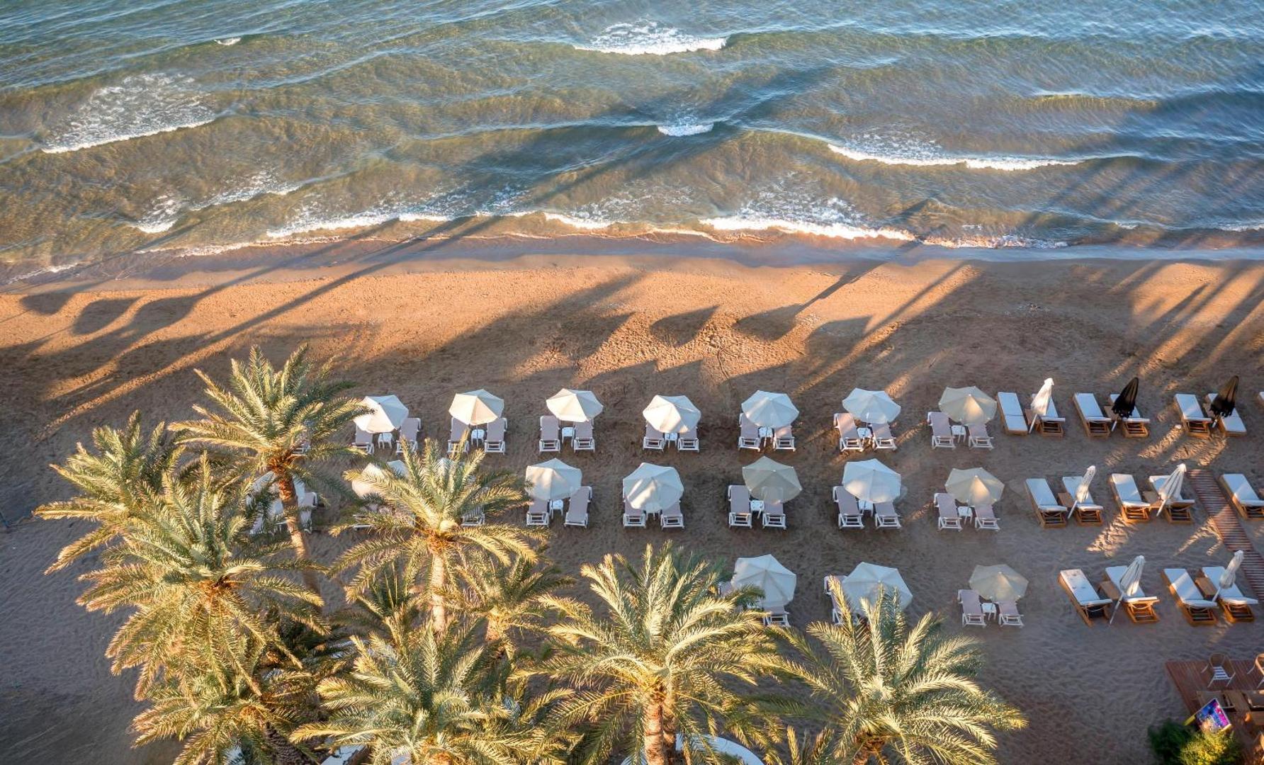 Zeus Palm Beach Hotel pludmales skats no augšas Stalidā — smilšu josla ar saulessargiem, sauļošanās krēsliem un palmām pie jūras