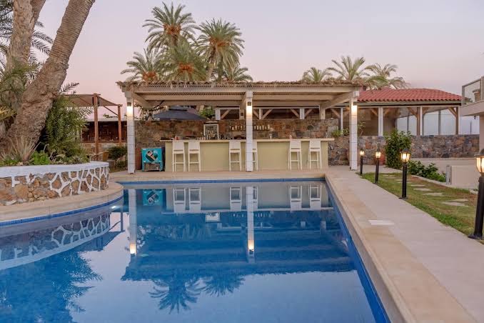 Zeus Palm Beach Hotel āra baseins un baseina bārs vakarā Stalidā, Krētā — apgaismota atpūtas zona ar palmām un bāra krēsliem