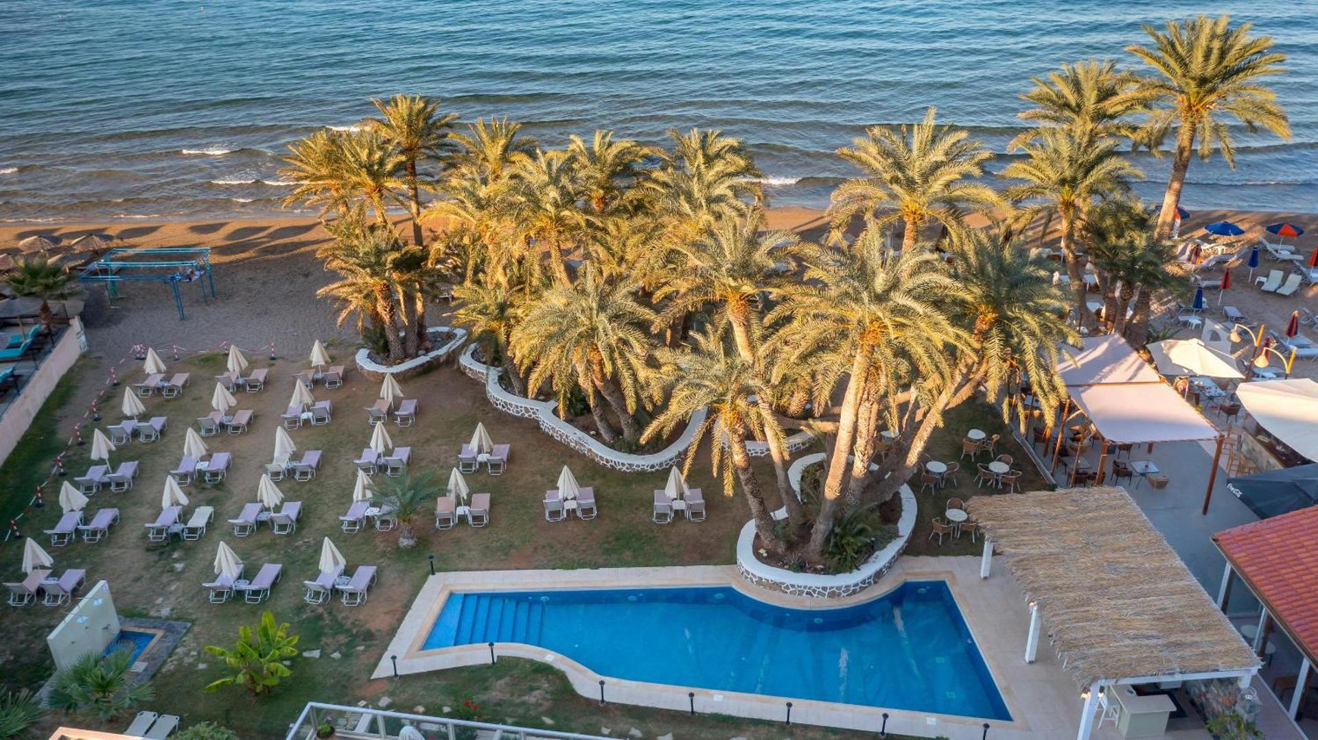 Zeus Palm Beach Hotel teritorija no augšas — baseins, atpūtas zona ar saulessargiem un tieša piekļuve smilšu pludmalei.