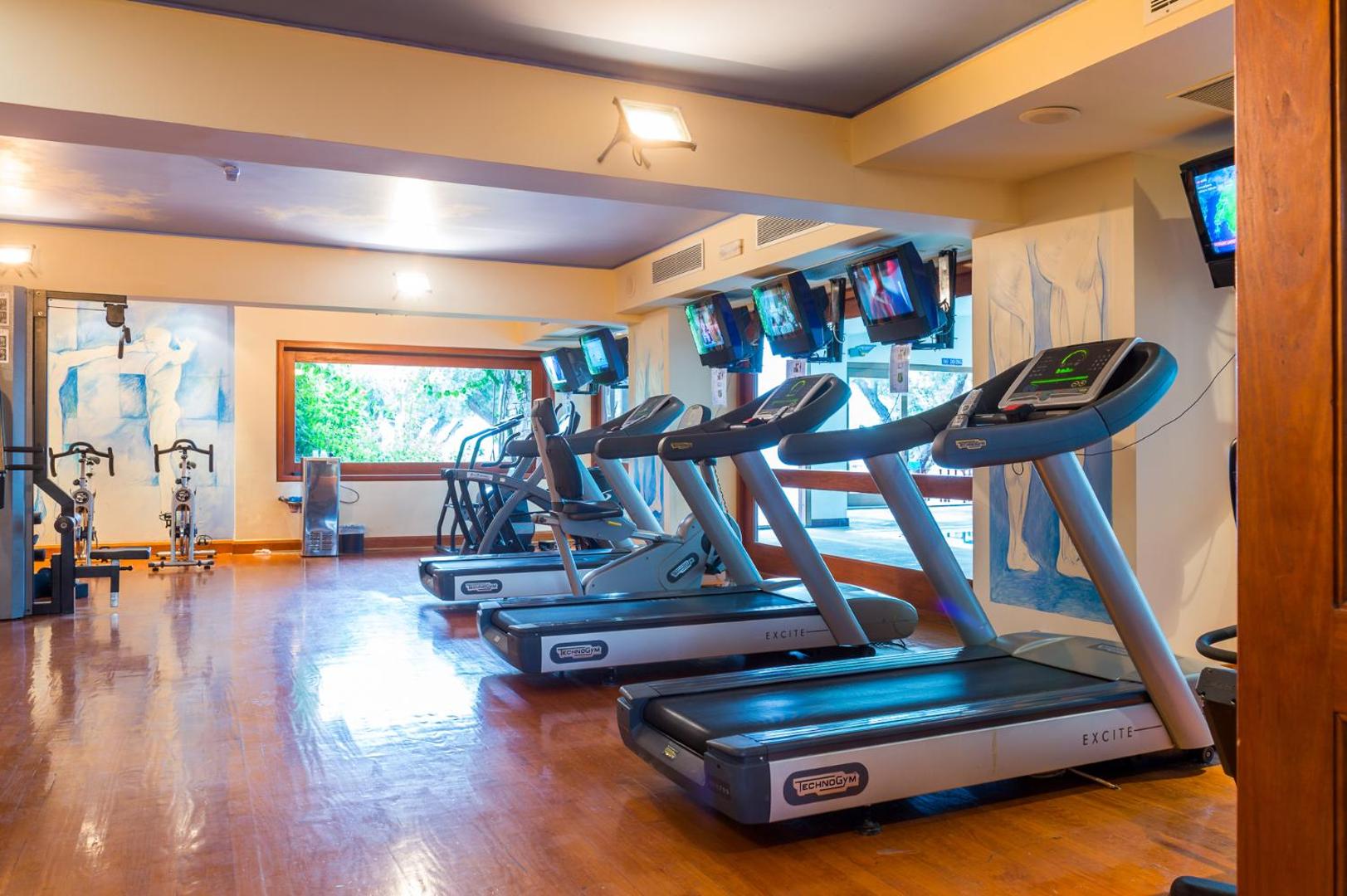 Elounda Bay Palace Hotel fitness centrs ar moderniem skrejceliņiem, velotrenažieriem un skatu pa logu uz dārzu