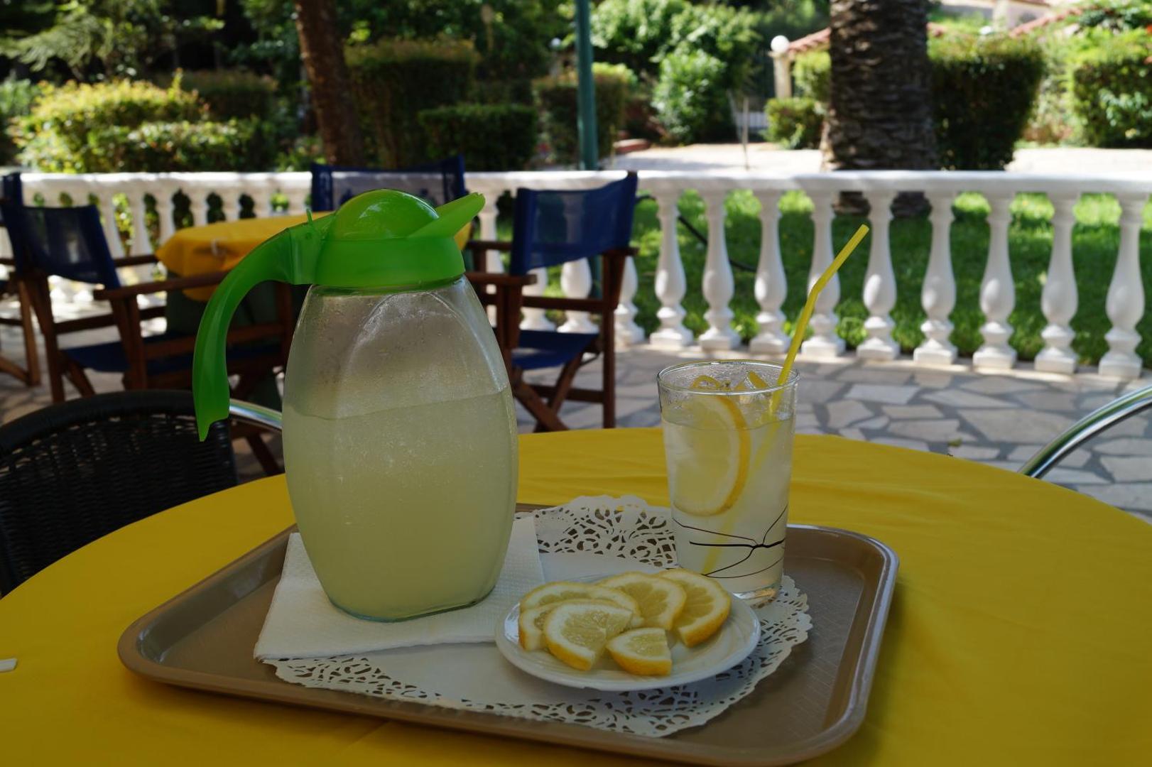 Brati Arkoudi Hotel āra terase ar atspirdzinošu limonādes krūzi un glāzi uz galda, fonā dārzs un balti balustrādes žogi
