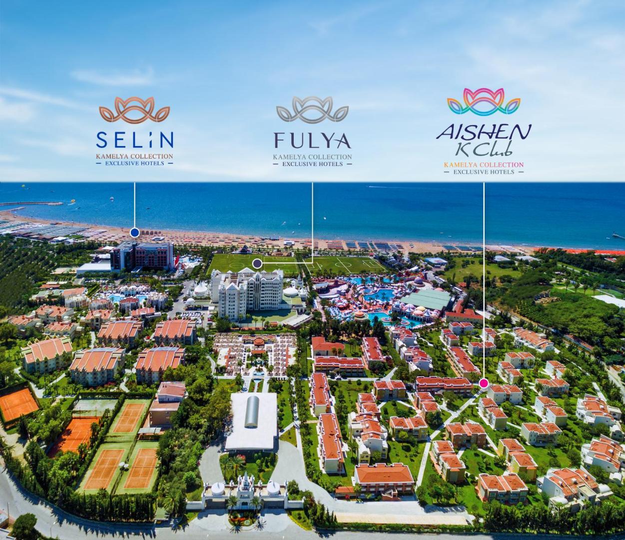 Kamelya Collection viesnīcu kompleksa panorāmas skats Sidē — Selin, Fulya un Aishen K Club atrašanās vietas pie Vidusjūras krasta