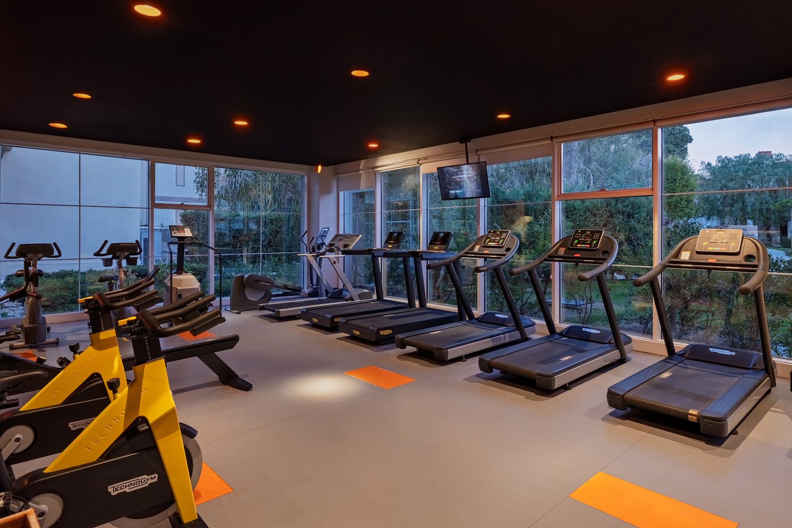 IC Hotels Santai Family Resort modernā fitness zāle ar skatu uz dārzu – skrejceliņi un velotrenažieri sportiskām aktivitātēm