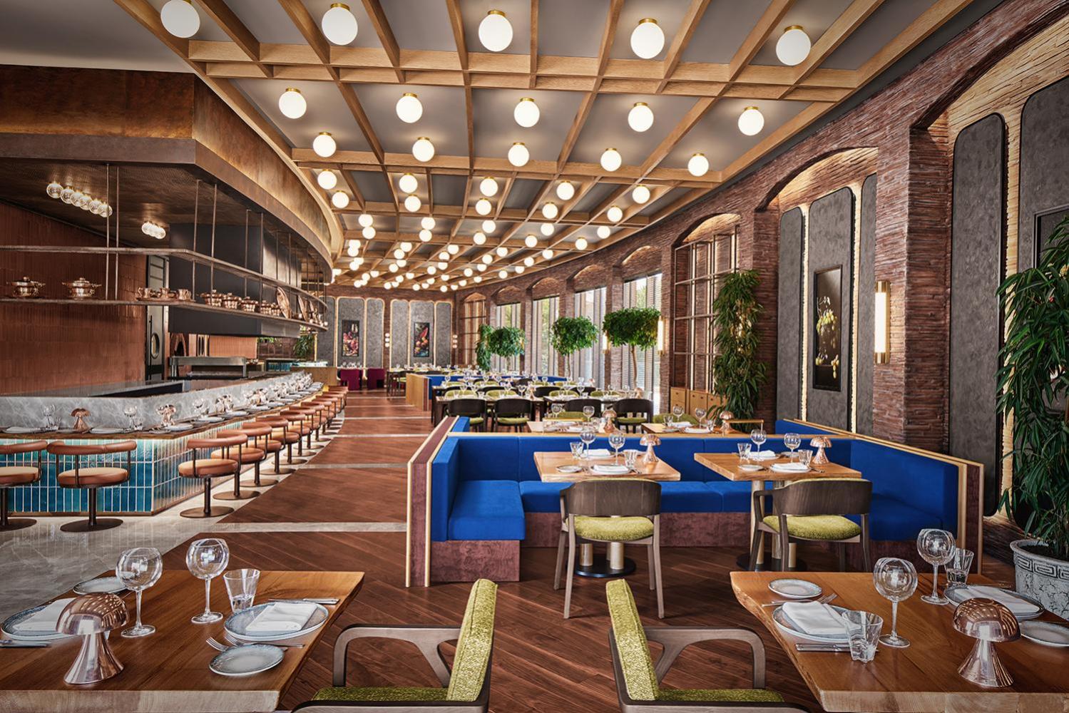 Gloria Serenity Resort moderns restorāns ar atvērtā tipa virtuvi, koka griestu apdari un zilām dīvānu zonām Belekā, Turcijā