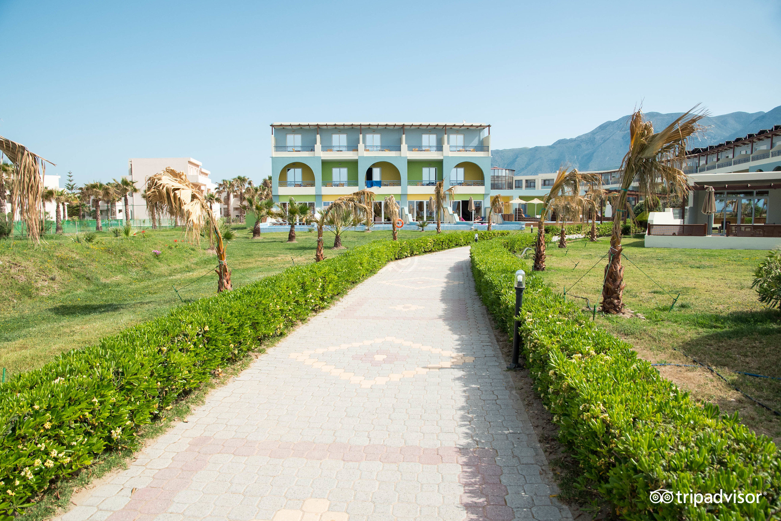 Mythos Palace Resort & Spa viesnīcas teritorijas gājēju celiņš starp palmām un zaļajiem mauriņiem uz galvenās ēkas fonu