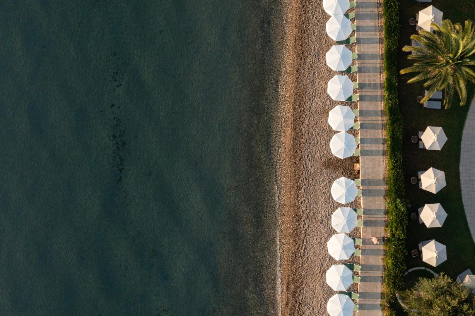 Elea Beach Hotel pludmales skats no augšas — balti saulessargi rindā gar krasta līniju un dzidrs jūras ūdens