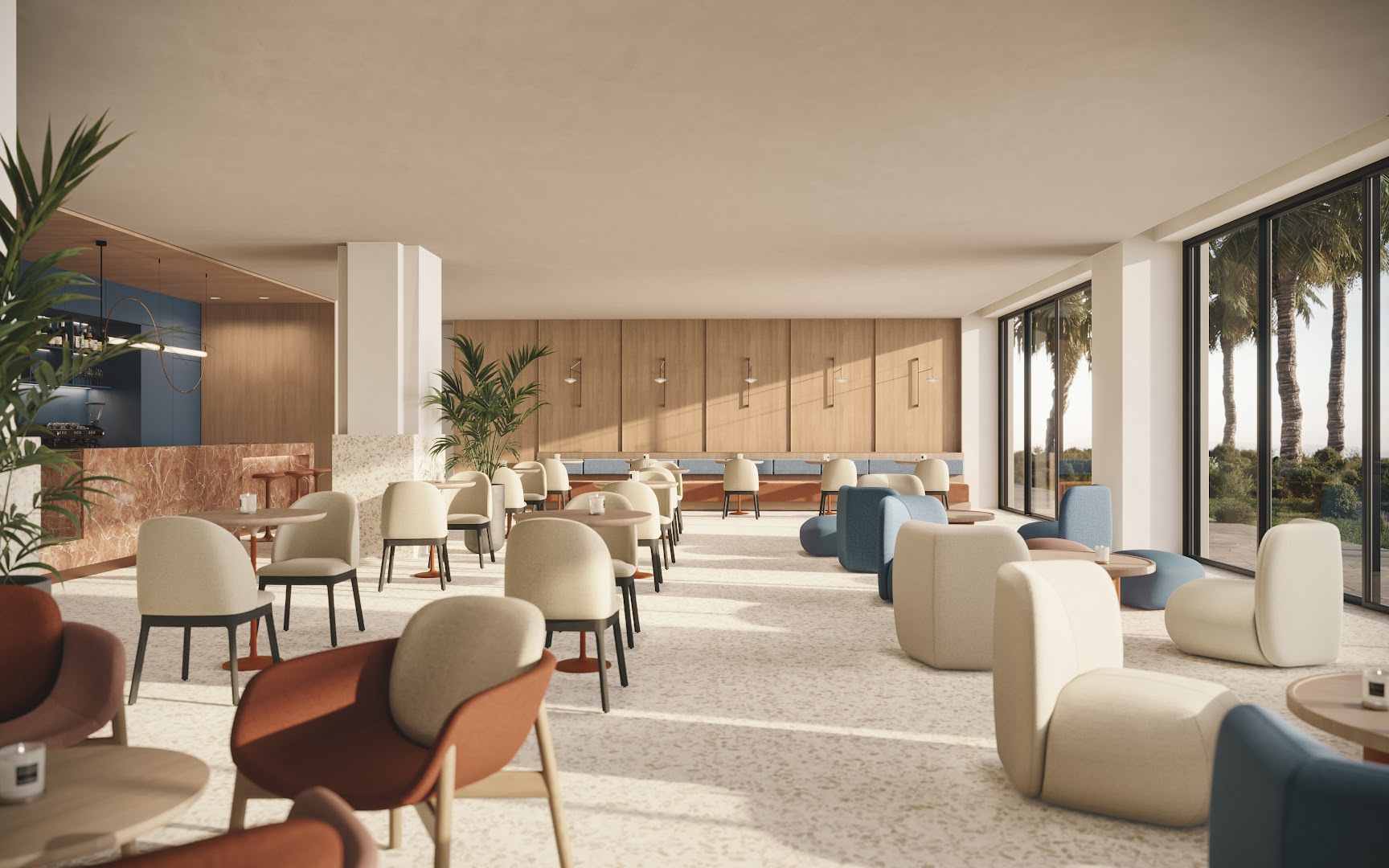 Valmar Corfu plašais un modernais lobby bārs ar dizaina mēbelēm, panorāmas logiem un skatu uz palmu dārzu Korfu piekrastē.
