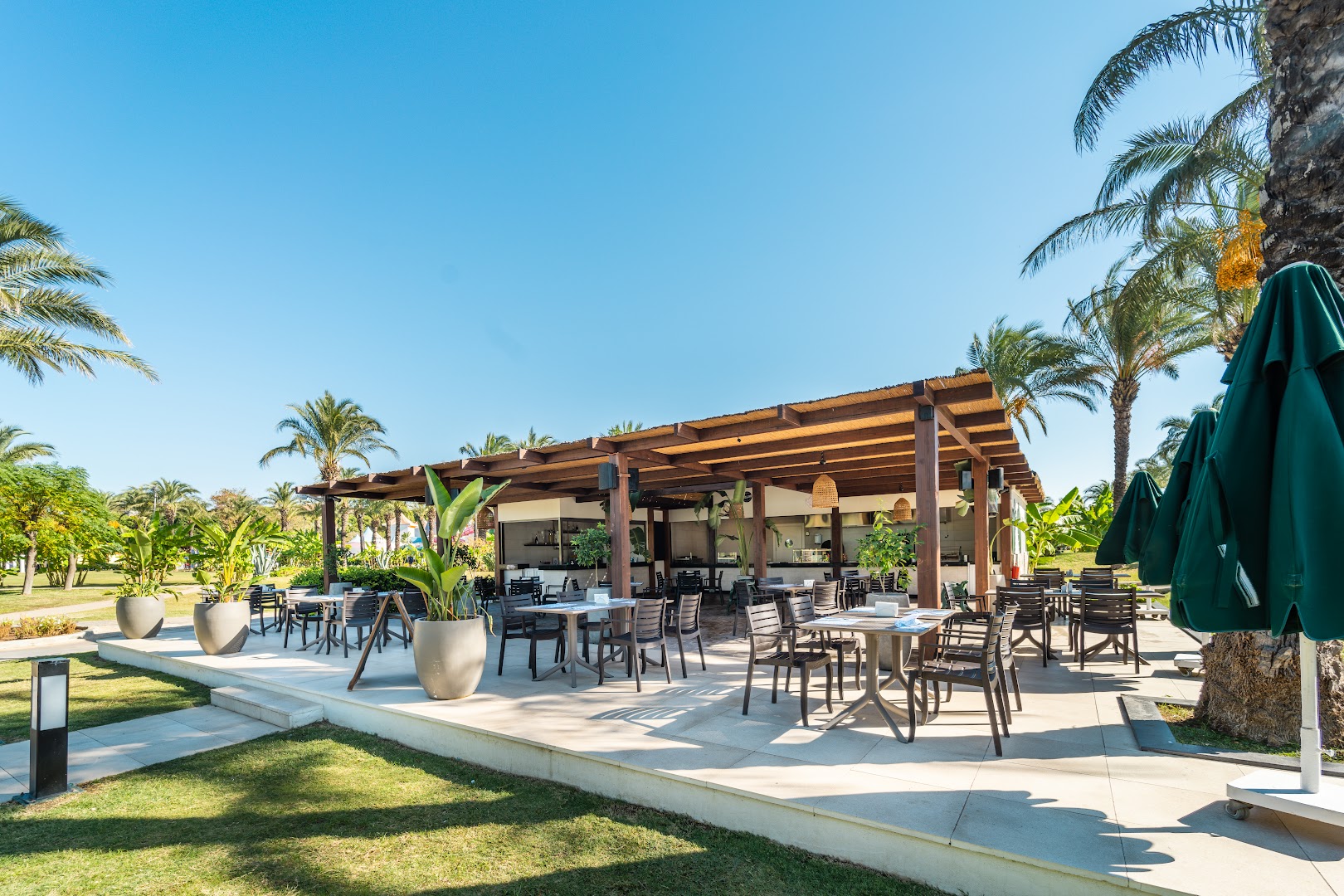 IC Hotels Green Palace āra uzkodu bārs dārzā ar palmām un saulainu terasi — atpūtas zona viesnīcas teritorijā