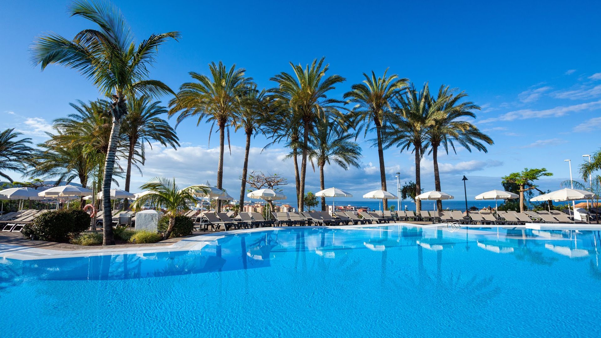 Melia Jardines del Teide āra baseins Tenerifē ar saulessargiem, atpūtas krēsliem un palmām uz zilu debesu fona piekrastē.