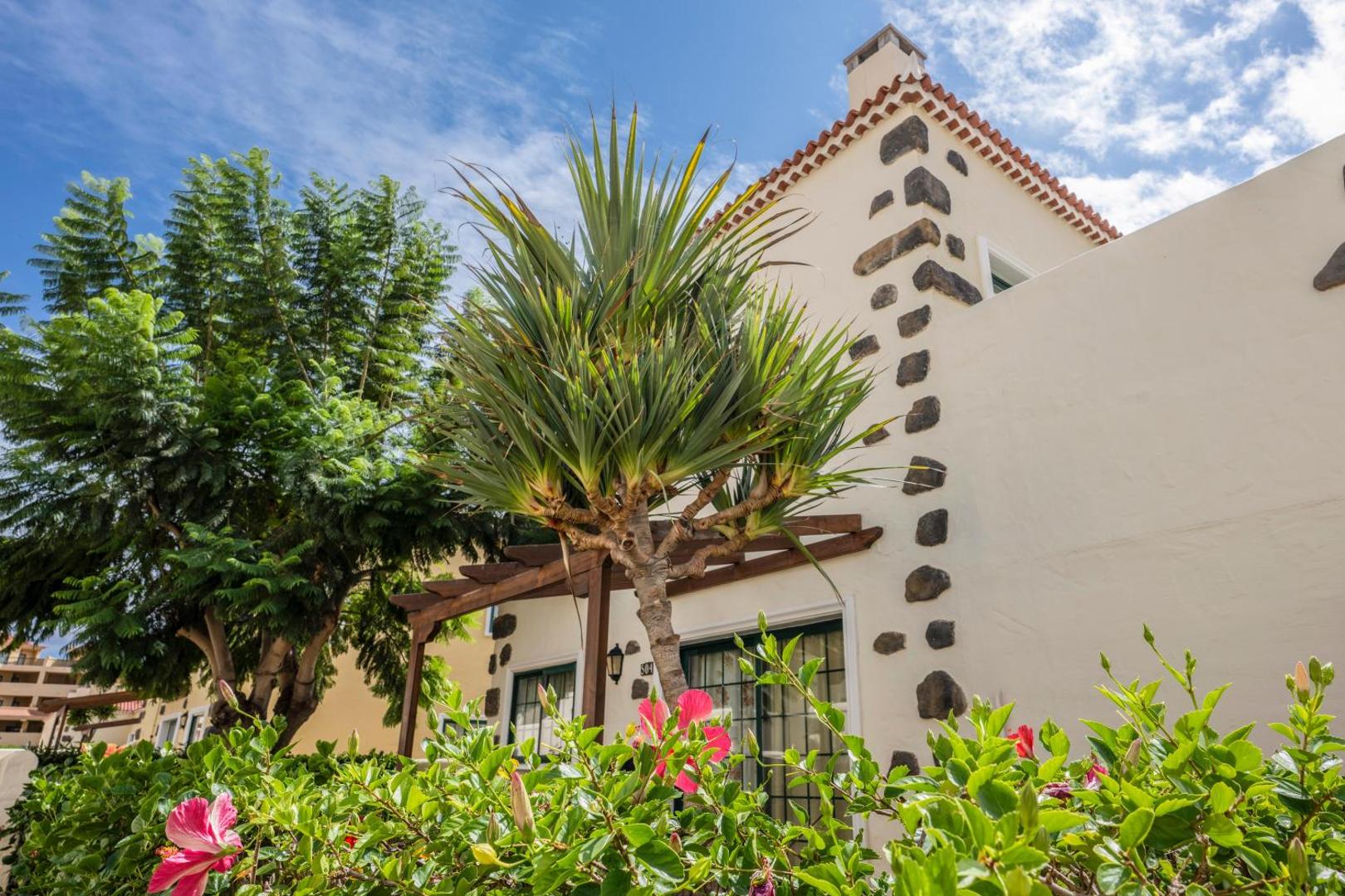 GF Isabel bungalo fasāde ar ziedošiem hibiskiem un eksotiskiem augiem dārzā saulainā dienā Tenerifē