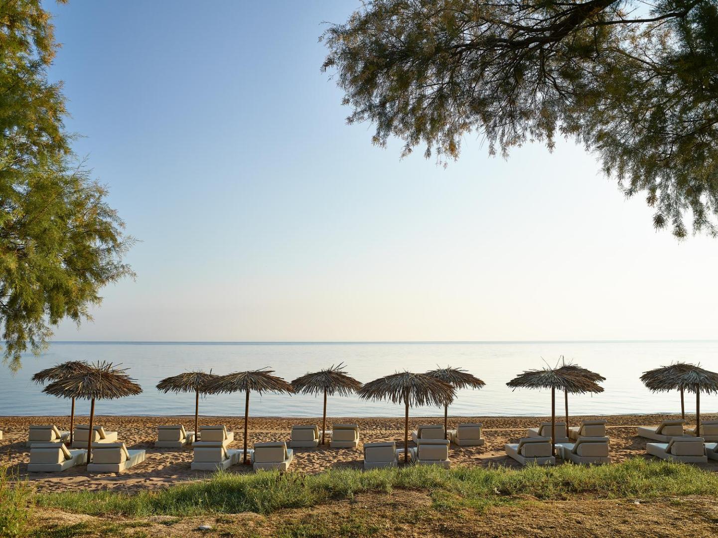 Skats uz Grecotel Casa Marron pludmali caur koku zariem — saulessargi un sauļošanās krēsli pie rāmas jūras Peloponēsā