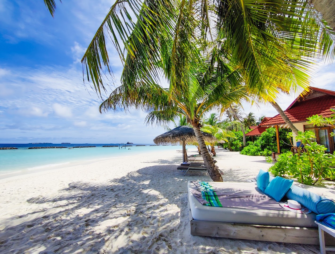 Niva Kurumba Maldives pludmales bungalo skats ar ērtu atpūtas gultu zem palmām un skatu uz okeānu