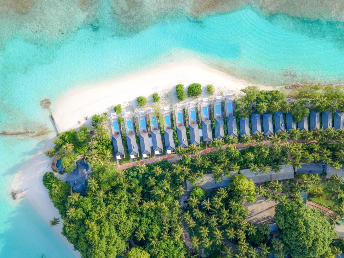 Royal Island Resort & Spa pludmales bungalo rinda ar privātiem baseiniem un balto smilšu pludmali Maldivu salu piekrastē