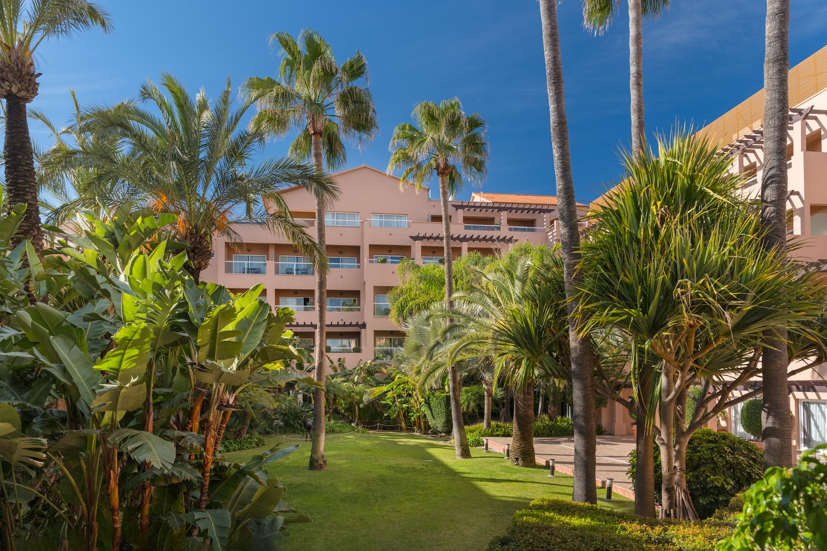 Elba Estepona Gran Hotel And Thalasso Spa viesnīcas ēka ar balkoniem, ko ieskauj kupls palmu dārzs un zaļš zāliens