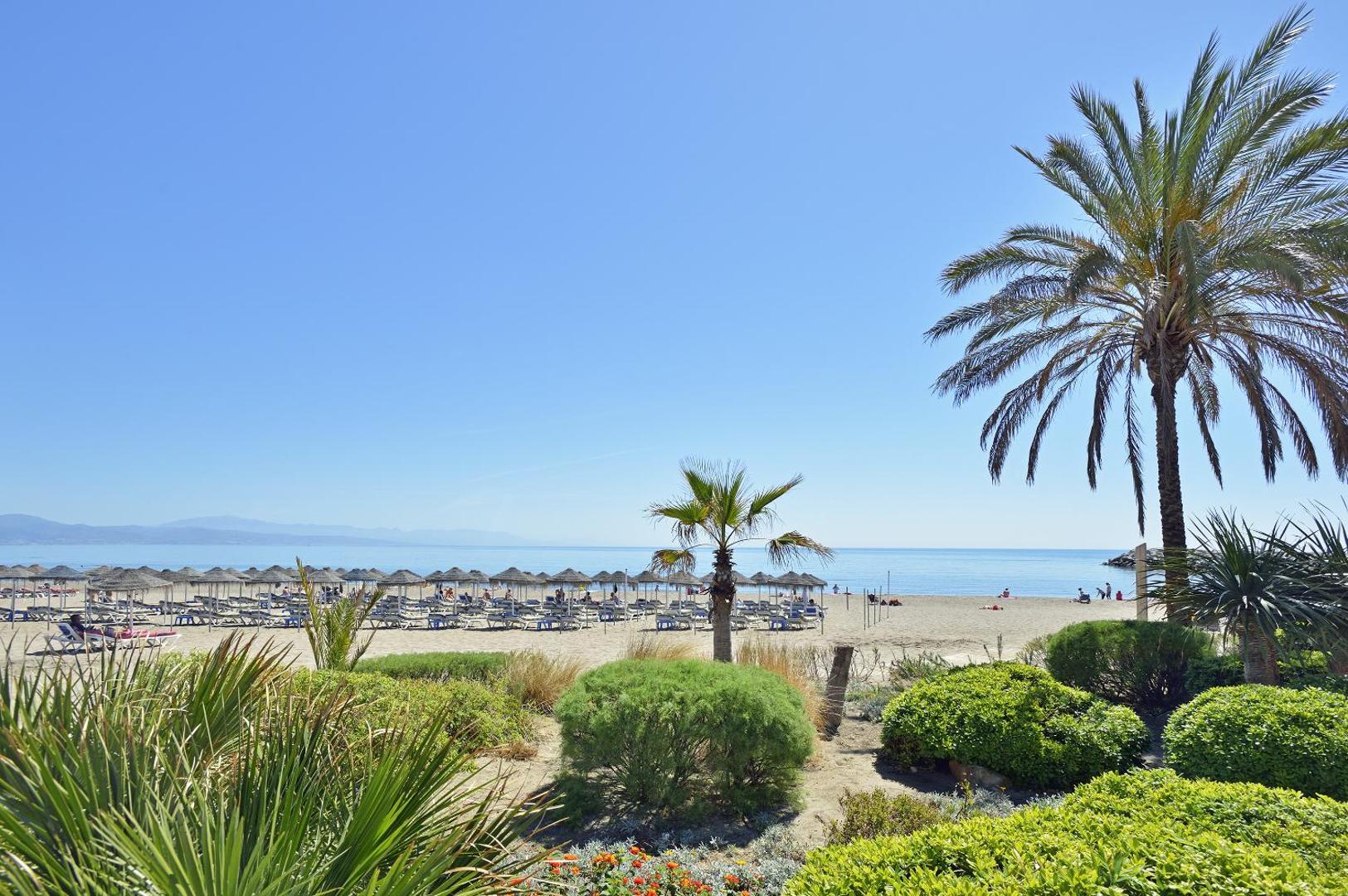 Skats uz Sol House Costa Del Sol privāto pludmali caur palmu lapām, saulessargi un zila jūra skaidrā dienas laikā
