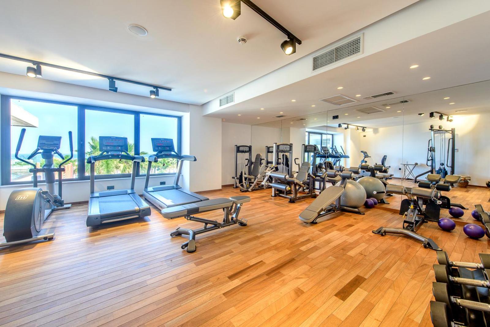 Stella Island Luxury Resort & Spa moderns fitnesa centrs ar skrejceliņiem un spēka trenažieriem, plašiem logiem un koka grīdu