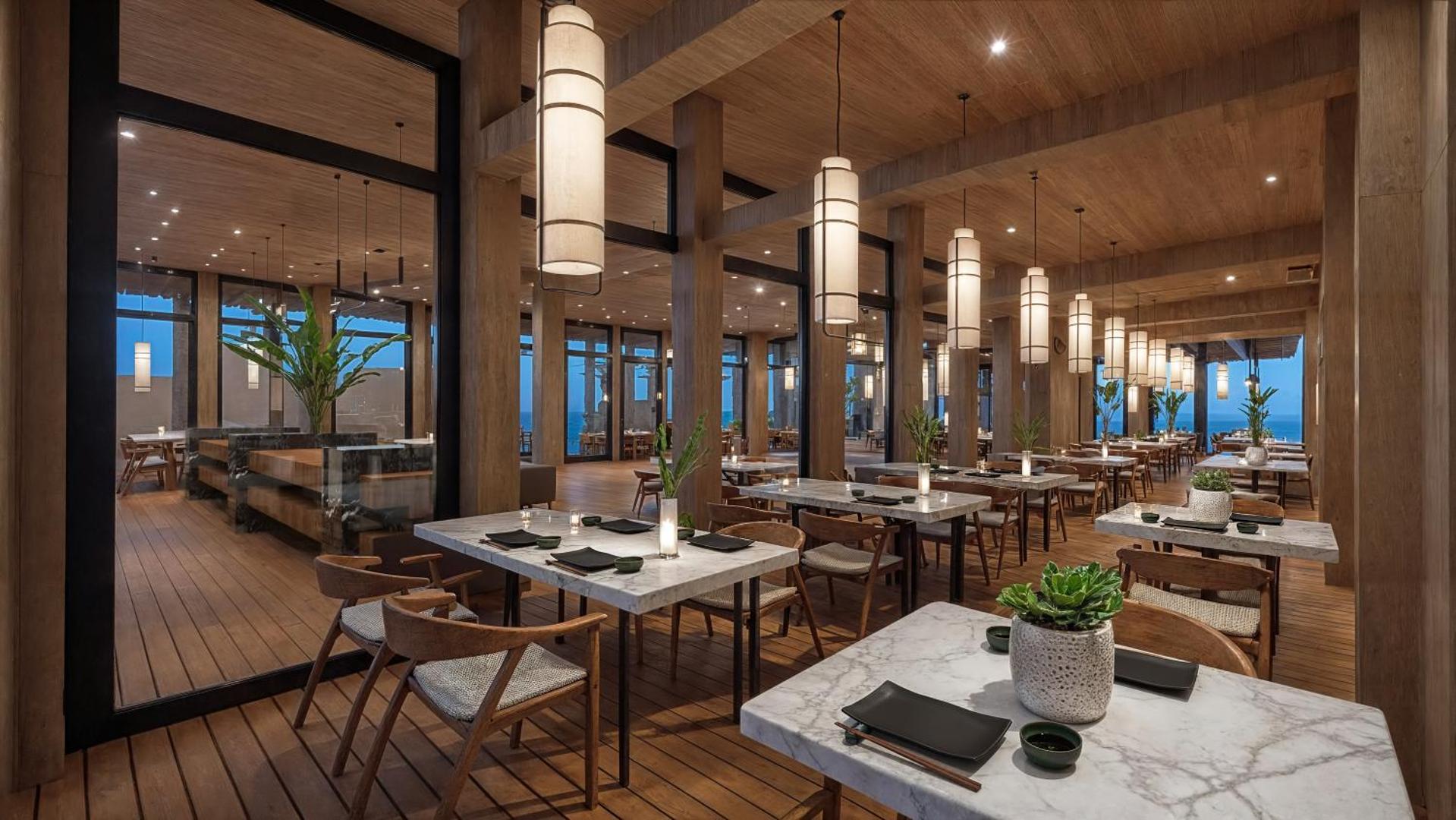 Nana Royal Premium Resort a la carte restorāns ar modernām koka mēbelēm, marmora galdiem un skatu uz jūru vakara gaismās.