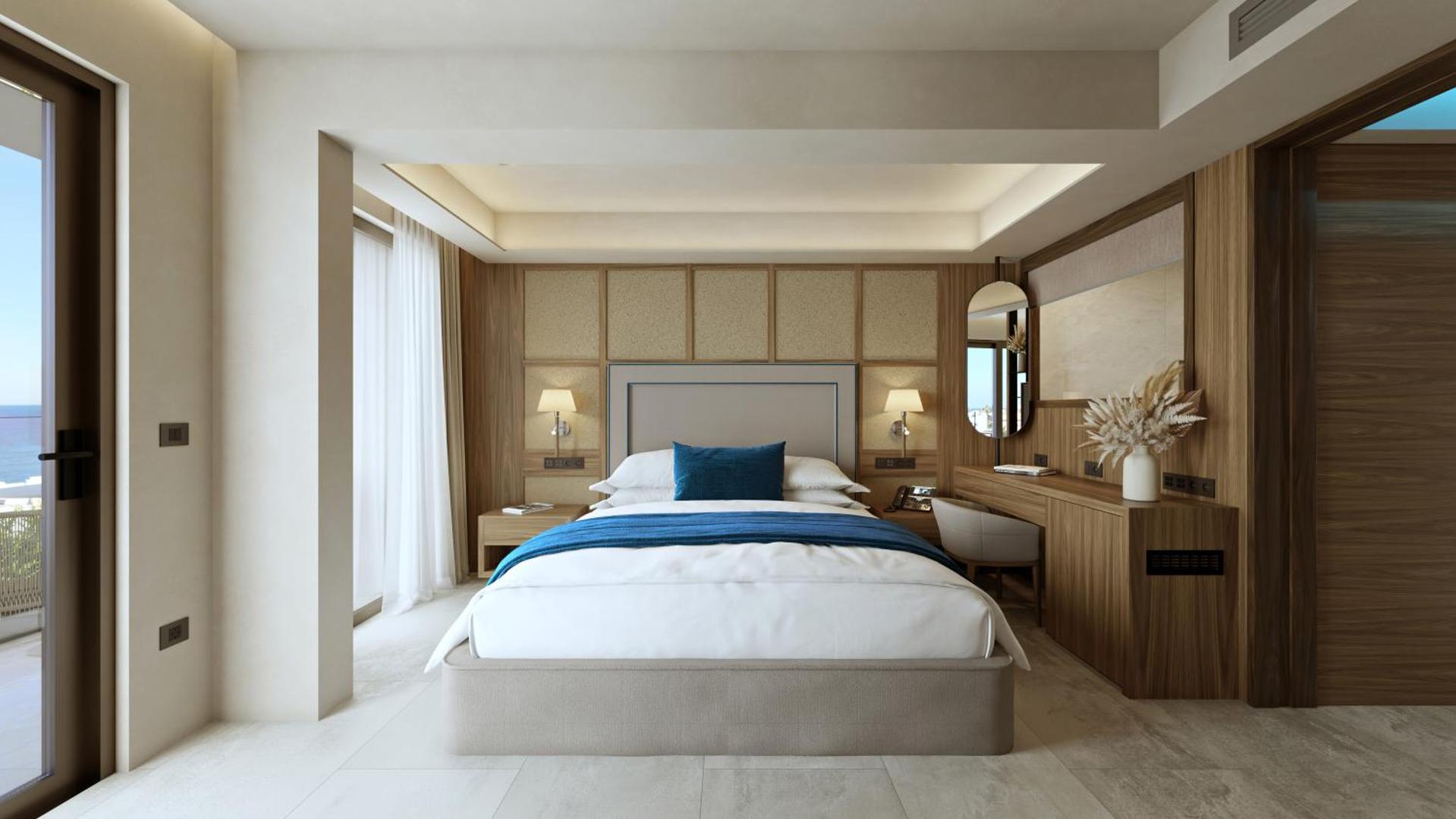 Nana Royal Premium Resort moderns viesnīcas numurs ar koka apdari, lielu gultu un gaišu interjeru — skats uz balkonu