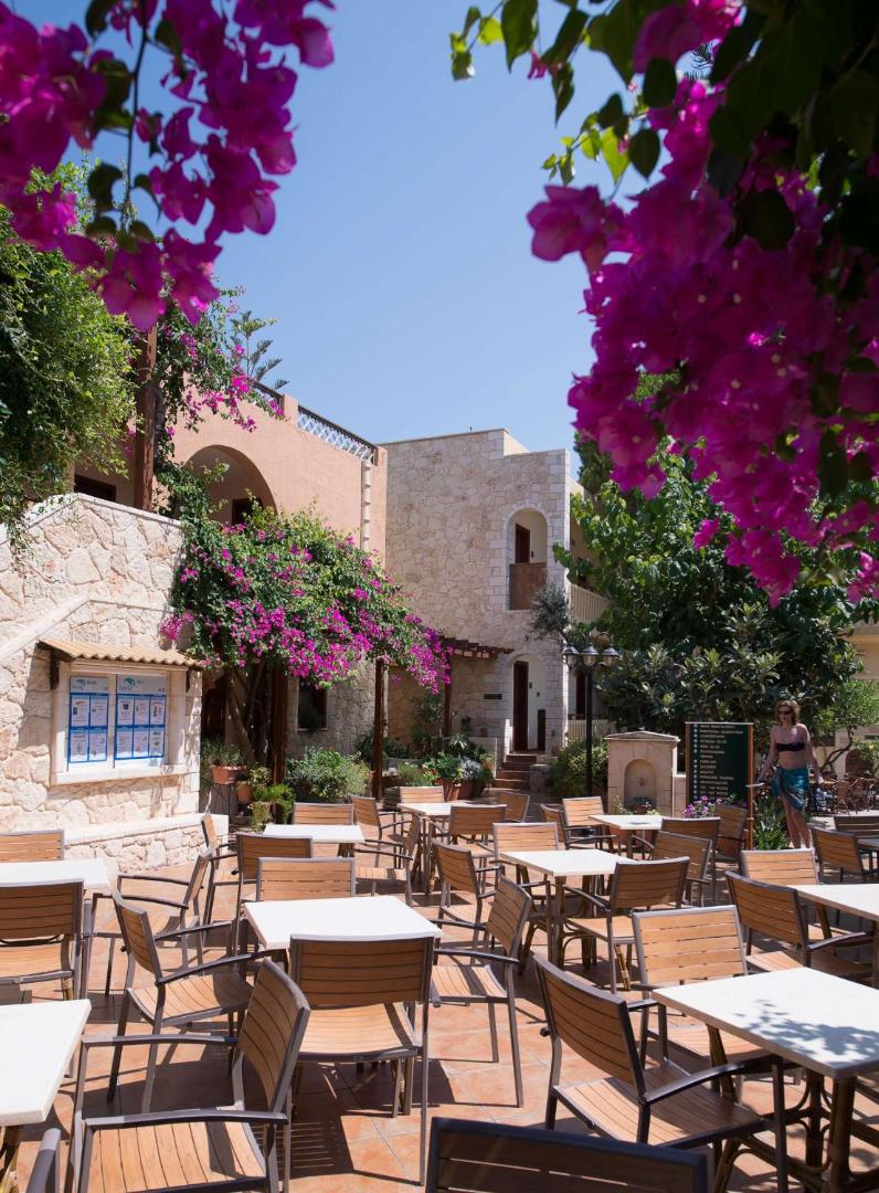 Cactus Beach saulaina āra kafejnīcas zona ar koka krēsliem, ko ieskauj akmens sienas un ziedoši augi