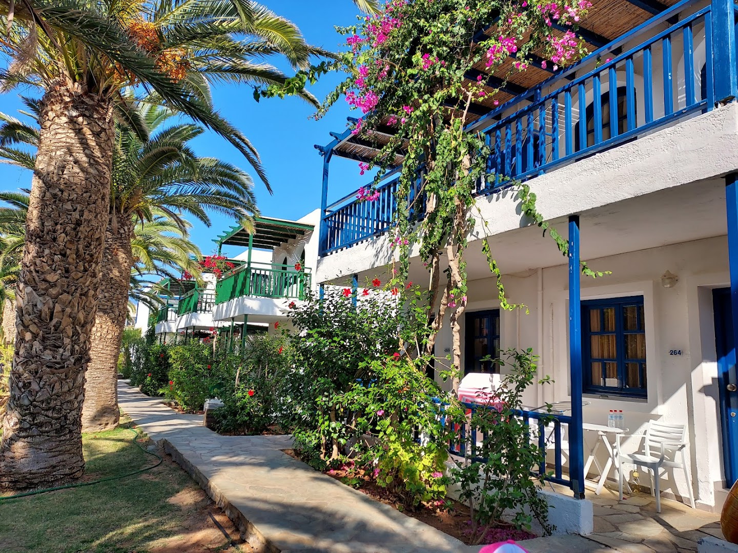 Stella Village Seaside Hotel numuru balkoni ar zilām koka margām un košiem bugenvilleju ziediem — tradicionāls grieķu stila noformējums.