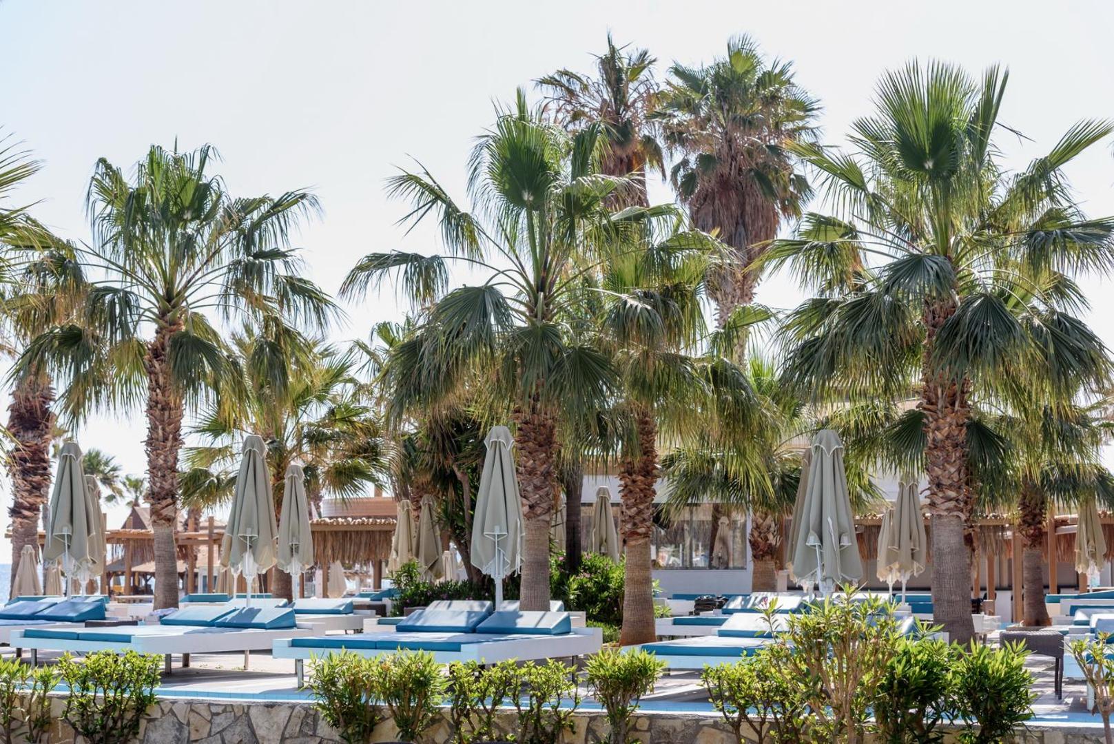 Star Beach Village & Water Park atpūtas zona ar ziliem sauļošanās krēsliem un saulessargiem palmu ielenkumā Hersonisā, Krētā.