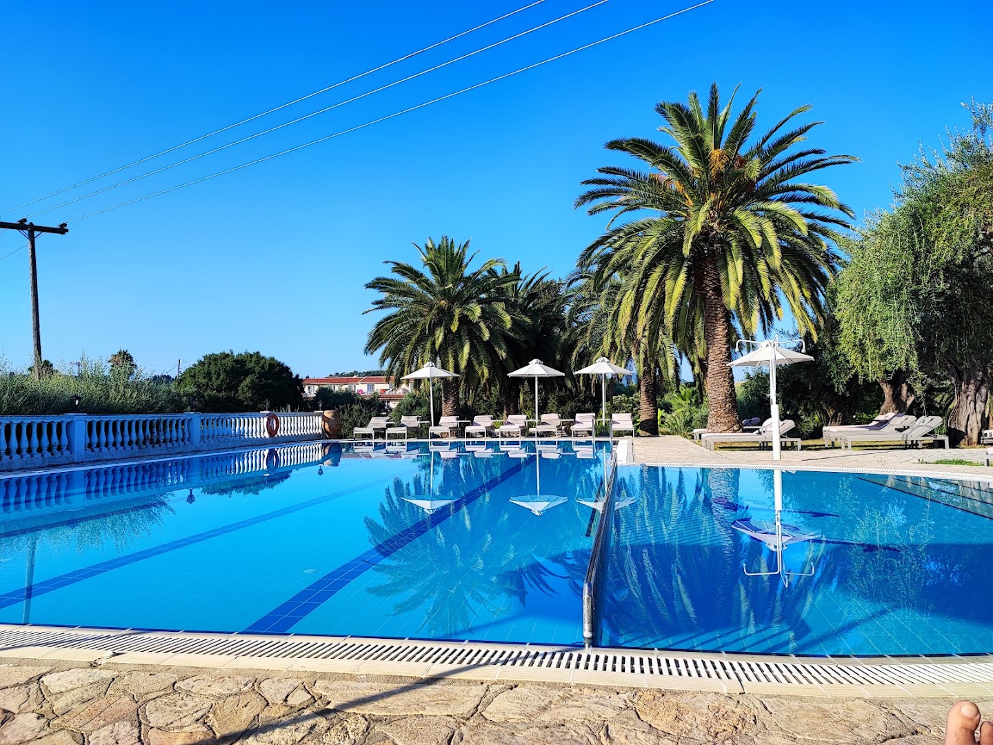 Paradise Corfu plašais āra baseins ar zilu ūdeni, palmām un atpūtas krēsliem zem skaidrām debesīm Korfu piekrastē
