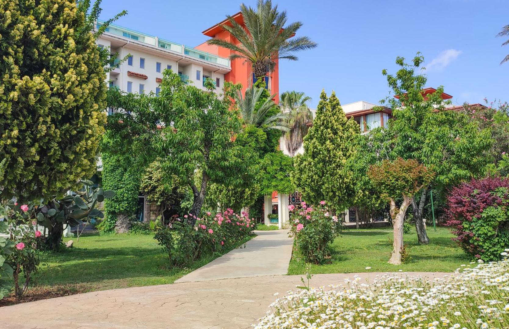 Belconti Resort Hotel dārza ainava ar rozēm un dekoratīviem kokiem — fonā redzama viesnīcas galvenā ēka ar palmu