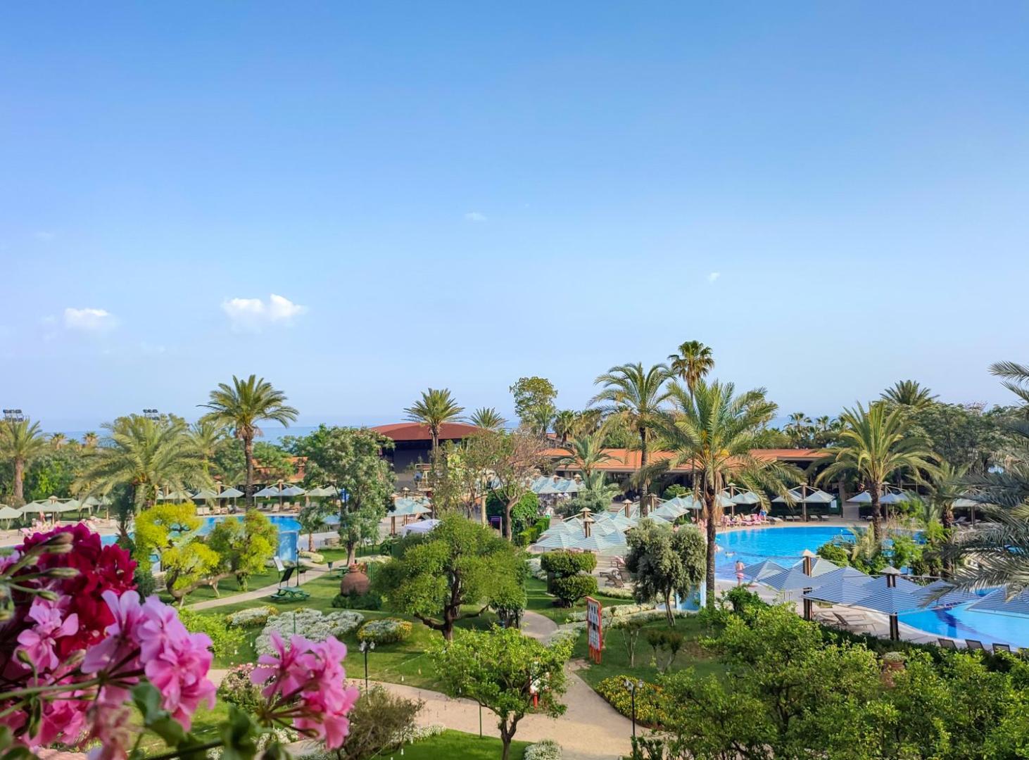 Skats no augšas uz Belconti Resort Hotel dārzu un āra baseiniem Belekā — palmas, ziedoši krūmi un atpūtas zonas ar saulessargiem
