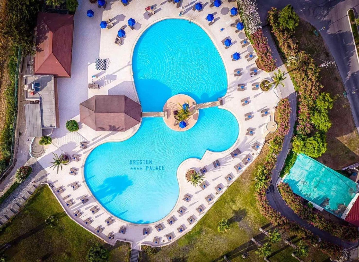 Kresten Palace Hotel galvenā baseina skats no augšas, izceļot tā unikālo formu, saulessargus un atpūtas krēslus Rodas kūrortā.