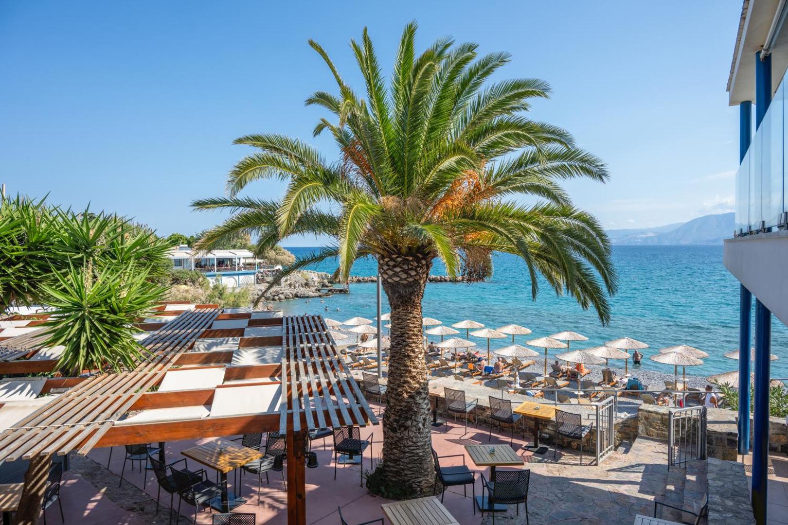 Ariadne Beach Hotel āra terase ar skatu uz jūru Malijā — liela palma, saulessargi pludmalē un galdiņi zem koka nojumes