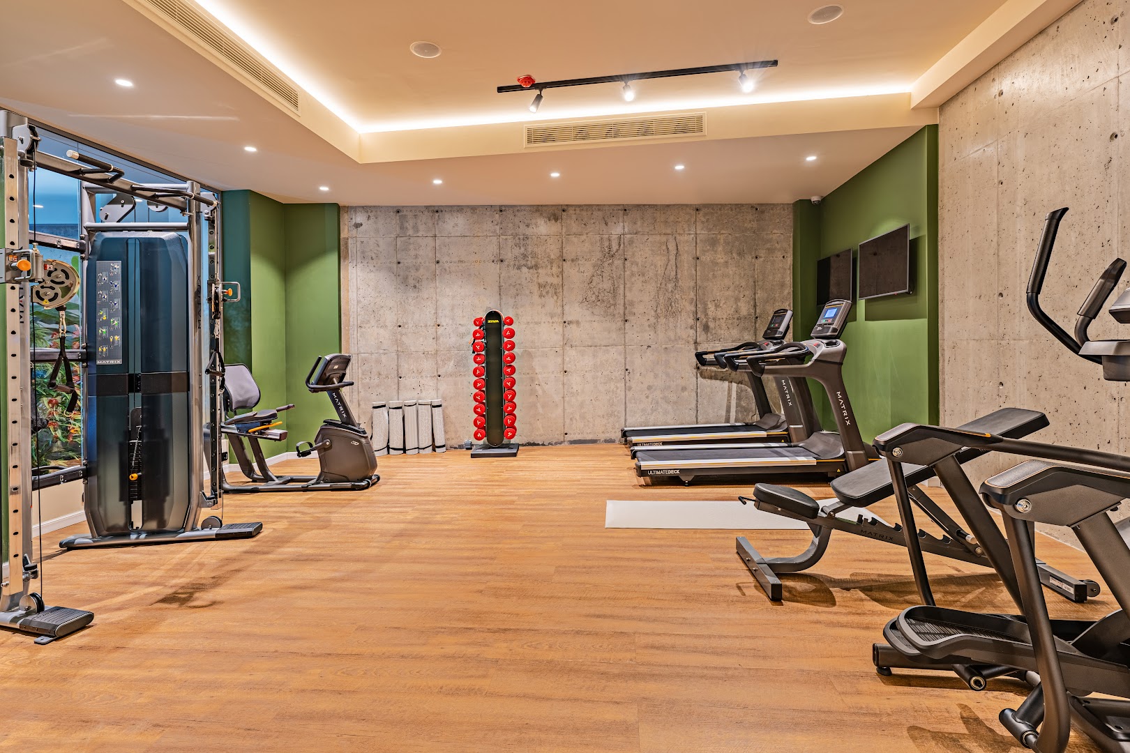Minos Ambassador Suites & Spa modernā fitnesa zāle ar skrejceļiem un spēka trenažieriem Retimno kūrortā