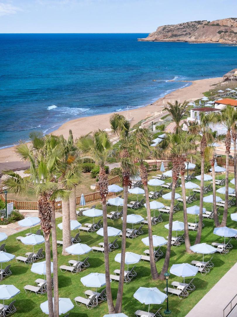 Vertikāls skats uz Creta Star Hotel atpūtas zonu ar palmām un saulessargiem, fonā klinšains krasts un jūra.