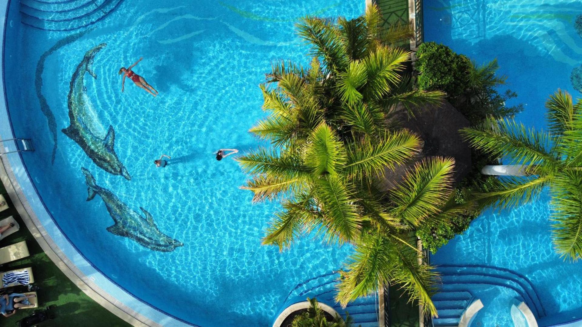 Skats no augšas uz Green Garden Eco Resort baseinu ar peldētājiem un delfīnu mozaīku — apkārt zaļojošas palmas un sauļošanās krēsli