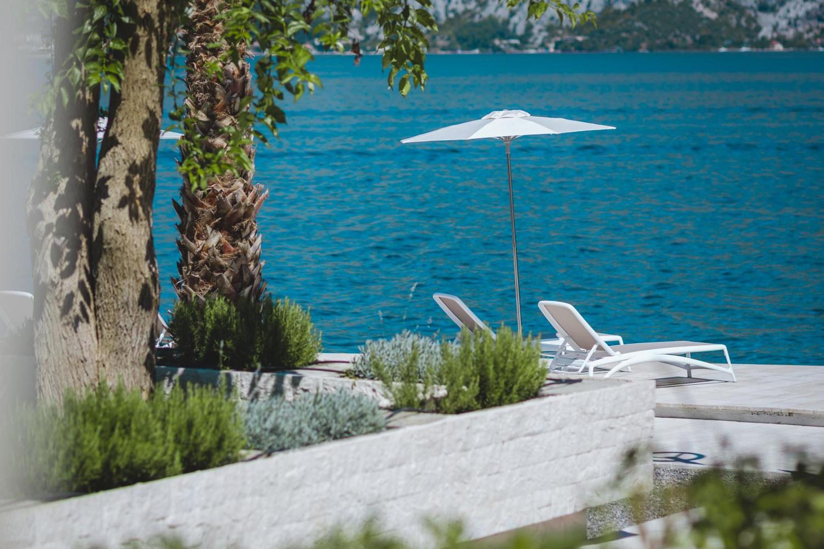 Tuvplāns ar saulessargu un zviļņiem Hyatt Regency Kotor Bay Resort piekrastē, priekšplānā zaļumi un palmas stumbrs uz jūras fona