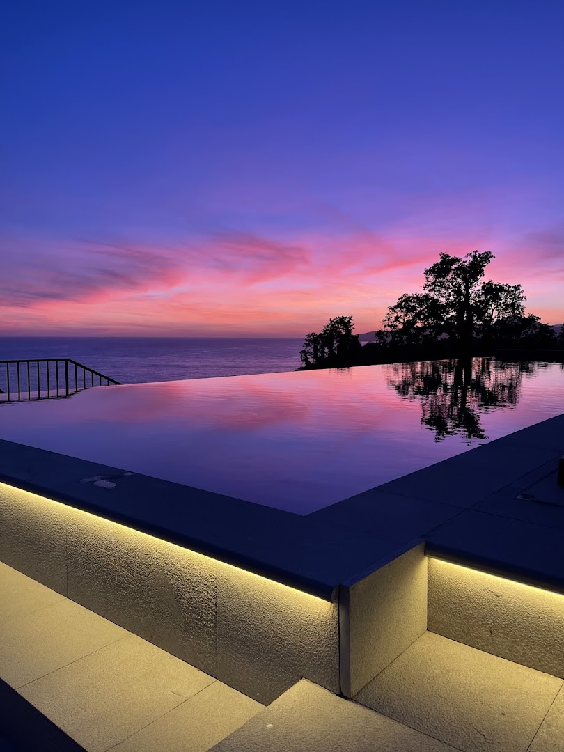 Vivid Blue Serenity Hotel bezmalas baseina atspulgs purpursarkanā saulrietā — koku silueti un jūra pie horizonta