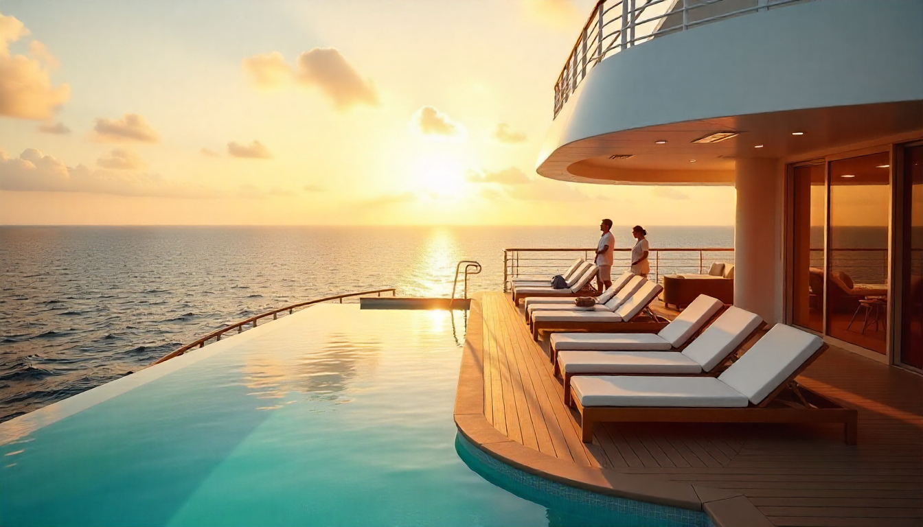 Norwegian Pearl klāja baseins - saulrieta skats uz jūru Vanilla Travel kruīzā